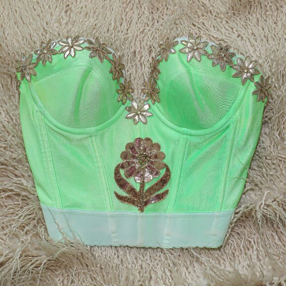 Embroidered Green Floral Corset Womens Bustier Top Elegant Floral Shapewear 34C - Picture 6 of 6